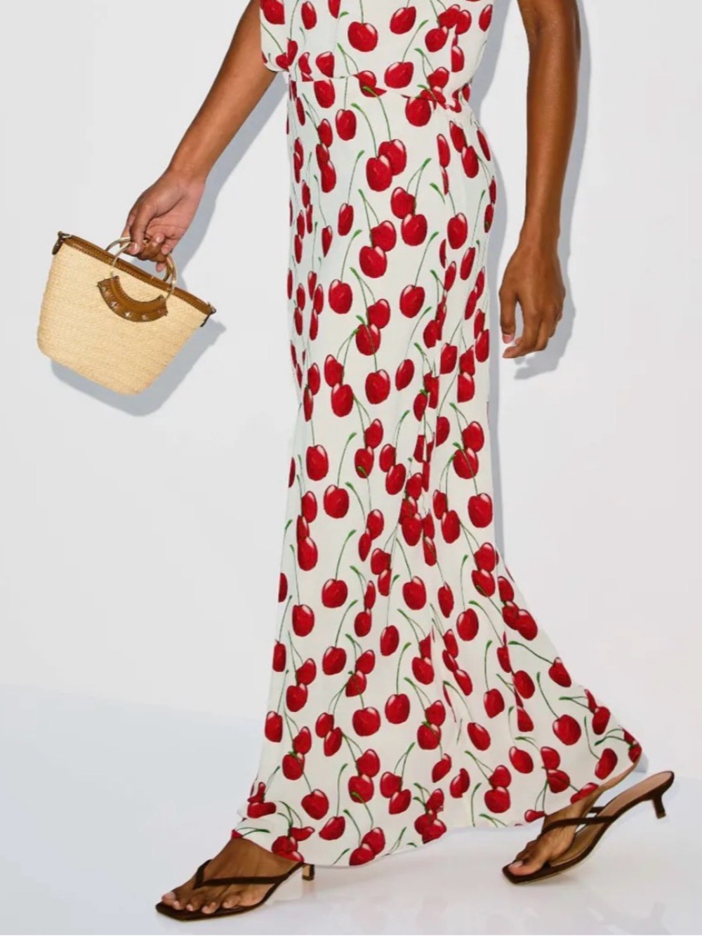 {EUC} MUMA White Maxi Skirt with Red Cherry Print XL Tall Girl Friendly